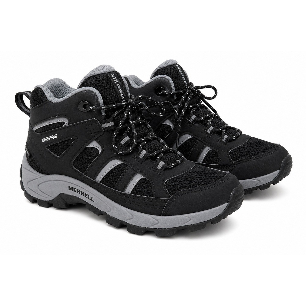 Merrell Oakcreek Waterproof Hiking Boots Youth 2M Black Gray Lace Up MSRP $85